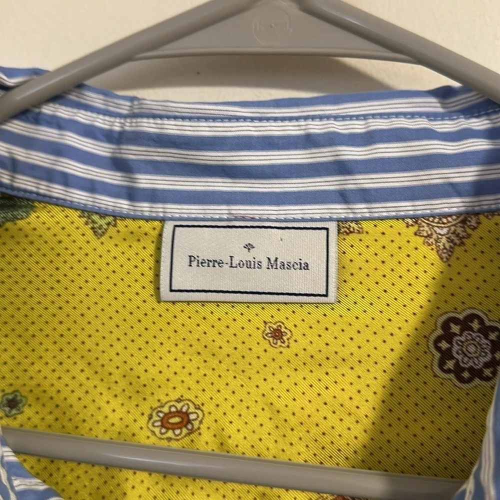Pierre-Louis Mascia blue stripe cotton silk scarf paisley button down shirt XS